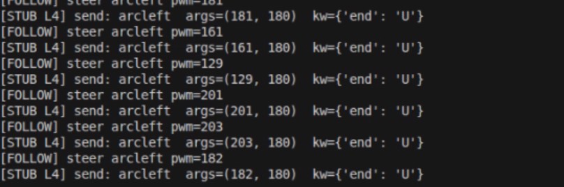Terminal log showing STUB-mode L4 serial steering commands during bring-up
