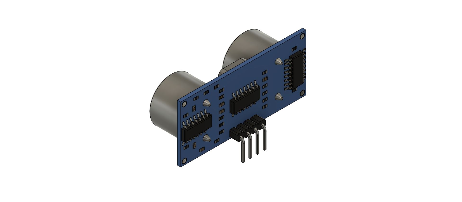 Fusion 360 model of an ultrasonic sensor, rear PCB view