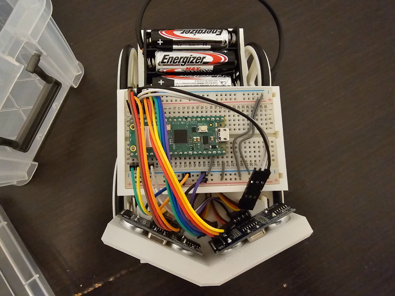 Top view of the maze robot showing Pico, breadboard and wiring